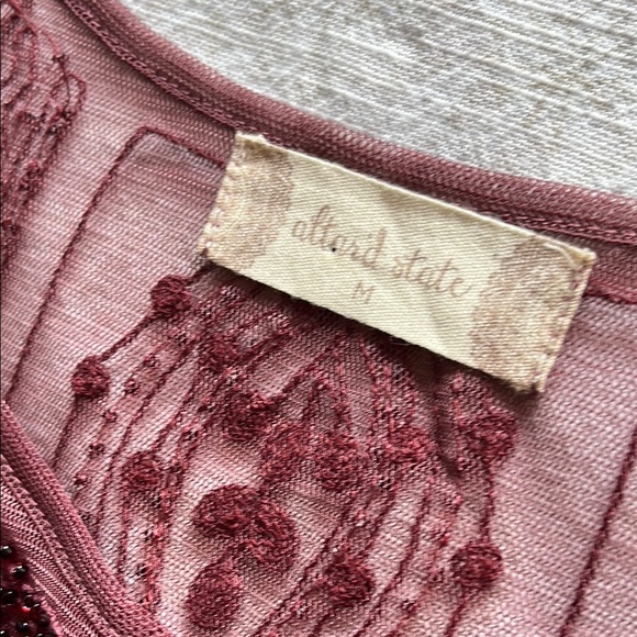 Altar'd State Dark Red Burgundy Beaded and Embroidered Flutter Sleeve Dress - Picture 2 of 15